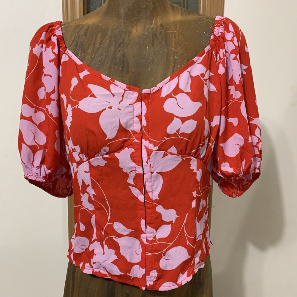 Sienna Sky Floral Crop Blouse L | Pink Red Boho Lightweight Top